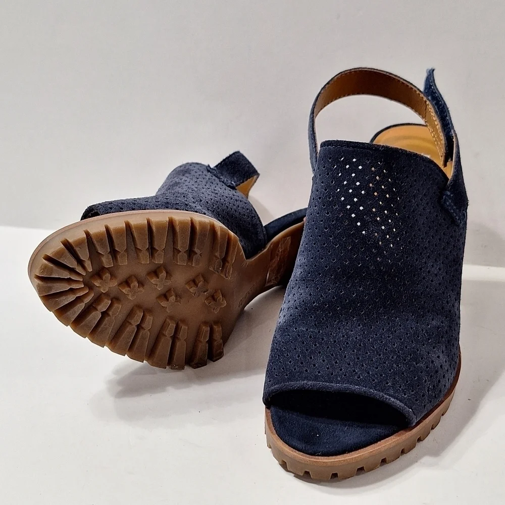 Franco Sarto Navy Blue Suede Austin Boho Slingback Platform Heel Sandals Sz 6.5